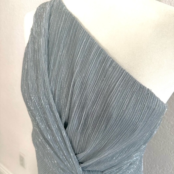 Adrianna Papell One-Shoulder Formal Floor Length Gown in Silver/ Light Blue Hue - Picture 6 of 11